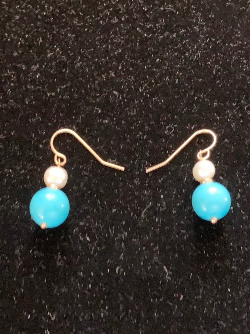 Yellow Gold Tone Stacked Turquoise Bead & Pearl Shepherd's Hook Earrings/NEW!